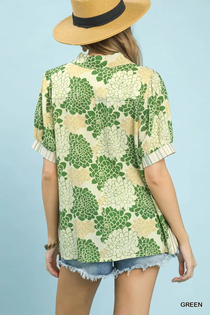 Green Floral Collared Short Sleeve Blouse