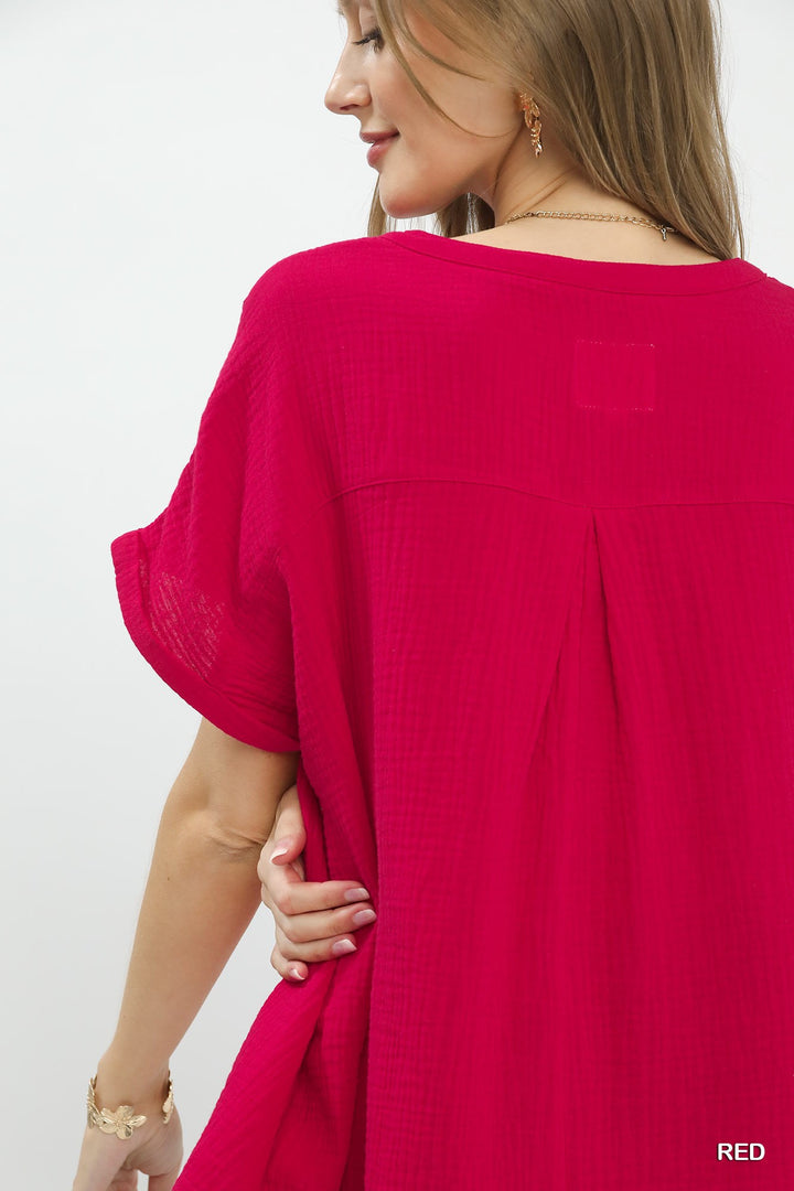 Umgee Textured Gauze Split Neck Boho Blouse