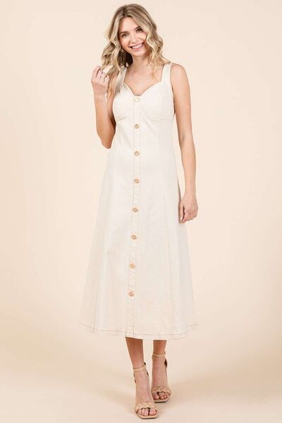 Sand Mittoshop Stretch Twill Decor Button Sleeveless Midi Dress