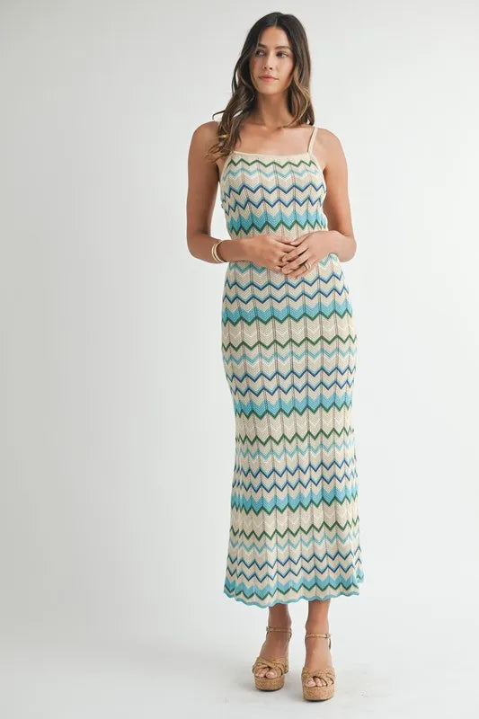 Aqua Mable Lightweight Pointelle Chevron Knit Maxi Dress