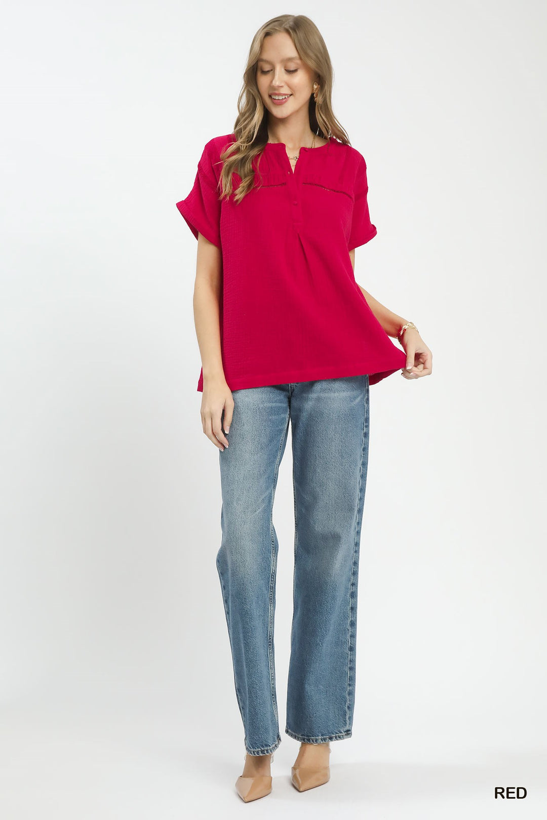 Umgee Textured Gauze Split Neck Boho Blouse