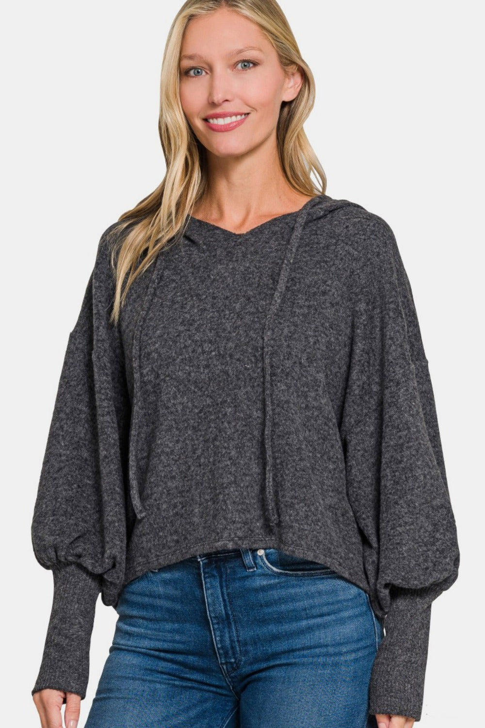 Black Zenana Brushed Hacci Drop Shoulder Cropped Hoodie