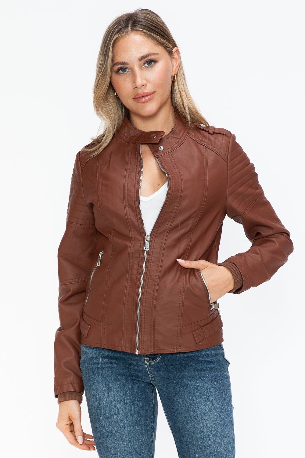 Snobbish Pu Leather Biker Jacket With Side Zip Pockets 4