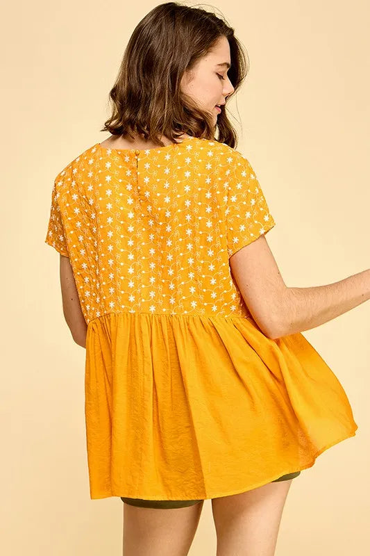 Orange Lime N Chili Embroidered Short Sleeve Pleated Babydoll Top