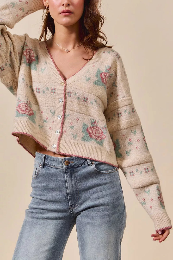 So Me Floral Pattern Long Sleeve Button Sweater Cardigan