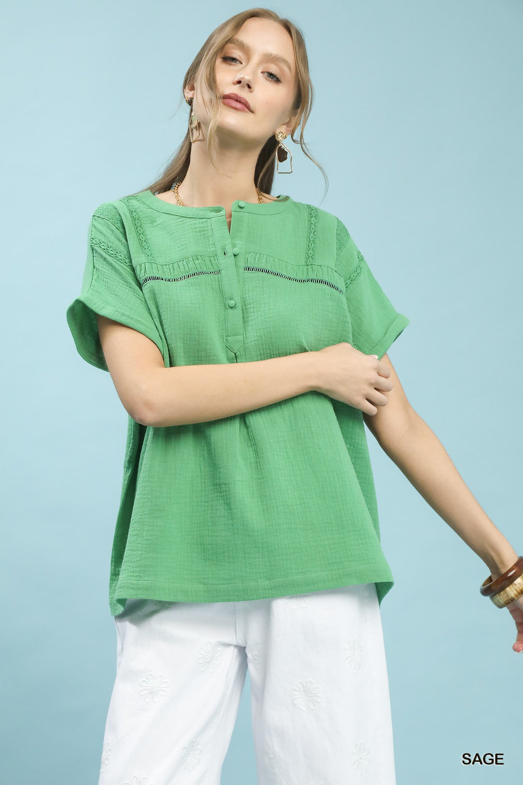 Sage Umgee Textured Gauze Split Neck Boho Blouse 1