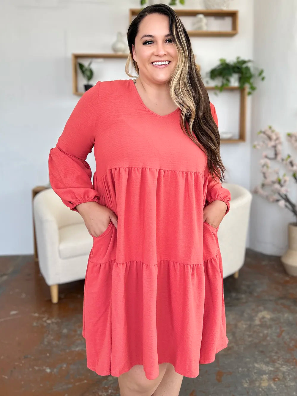 Coral Double Take Full Size V Neck Balloon Sleeve Tiered Dress With Pockets