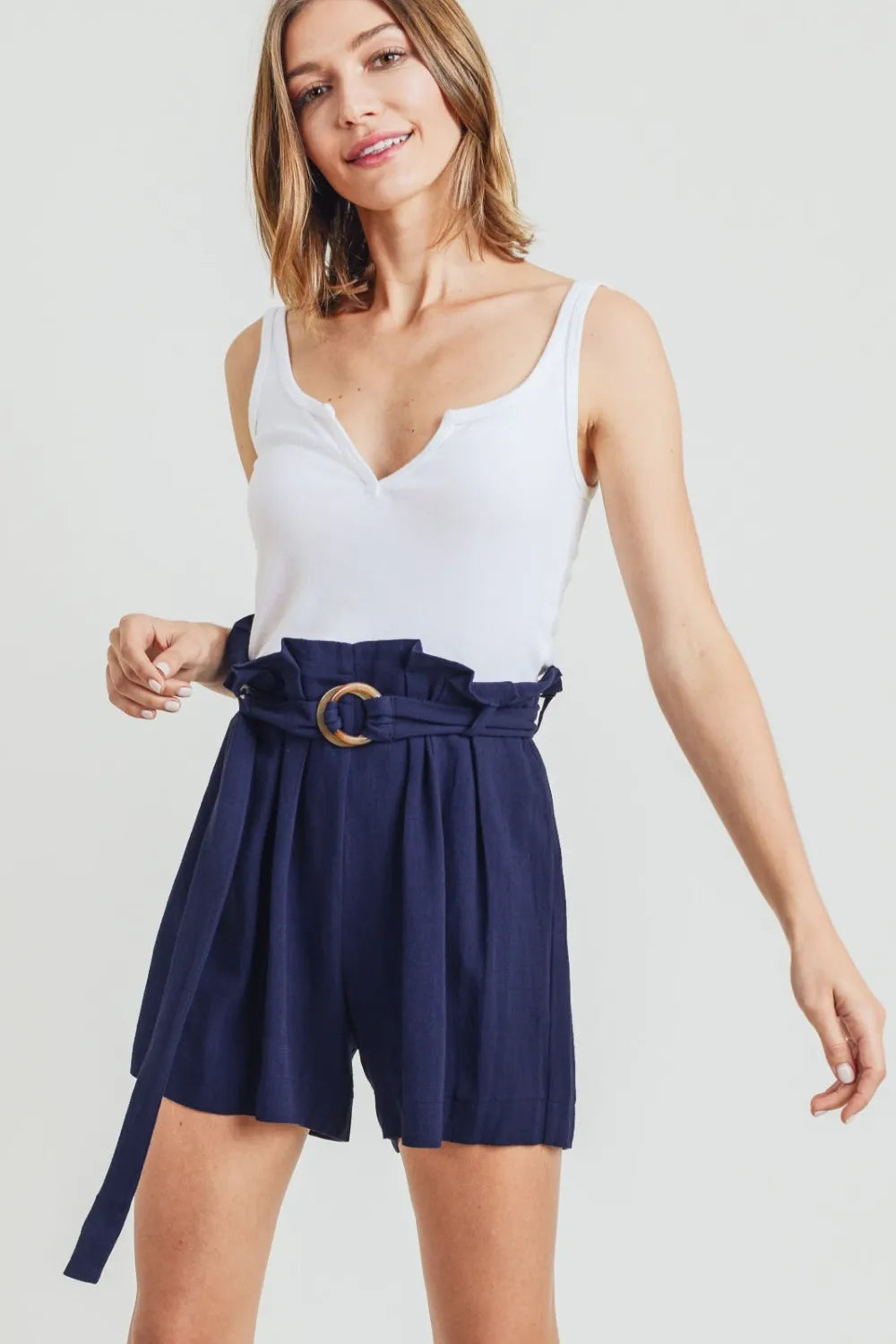 Navy Cotton Bleu By Nu Label Buckle Belt Cotton Linen Shorts