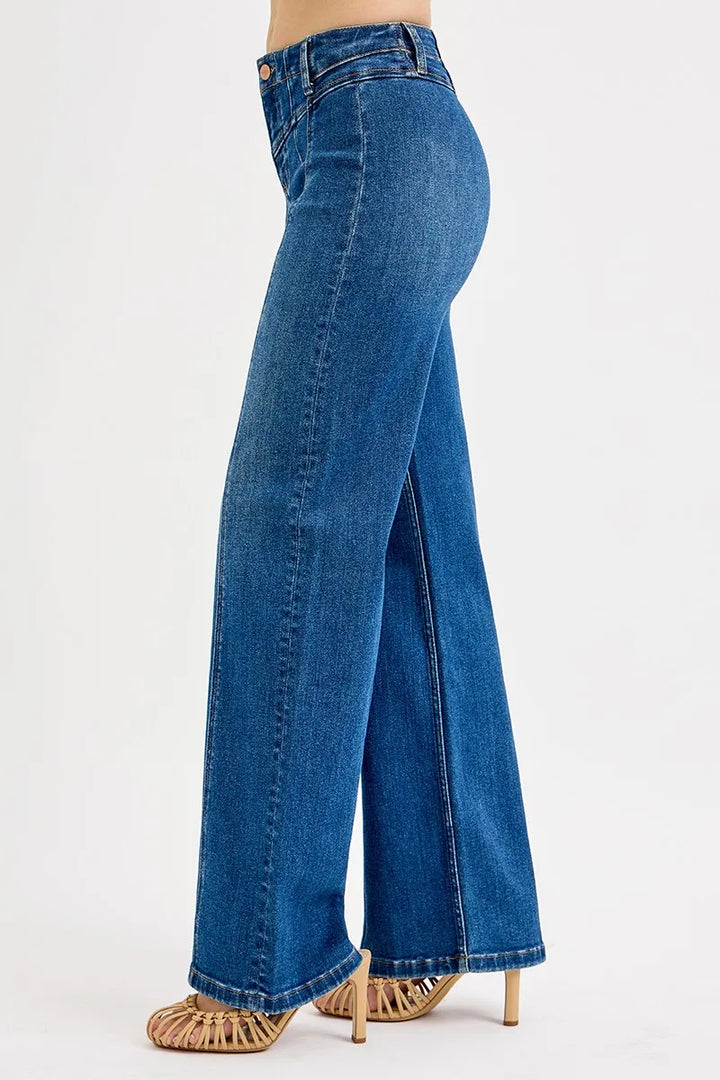 Dark Risen Seam Detail Wide Leg Jeans