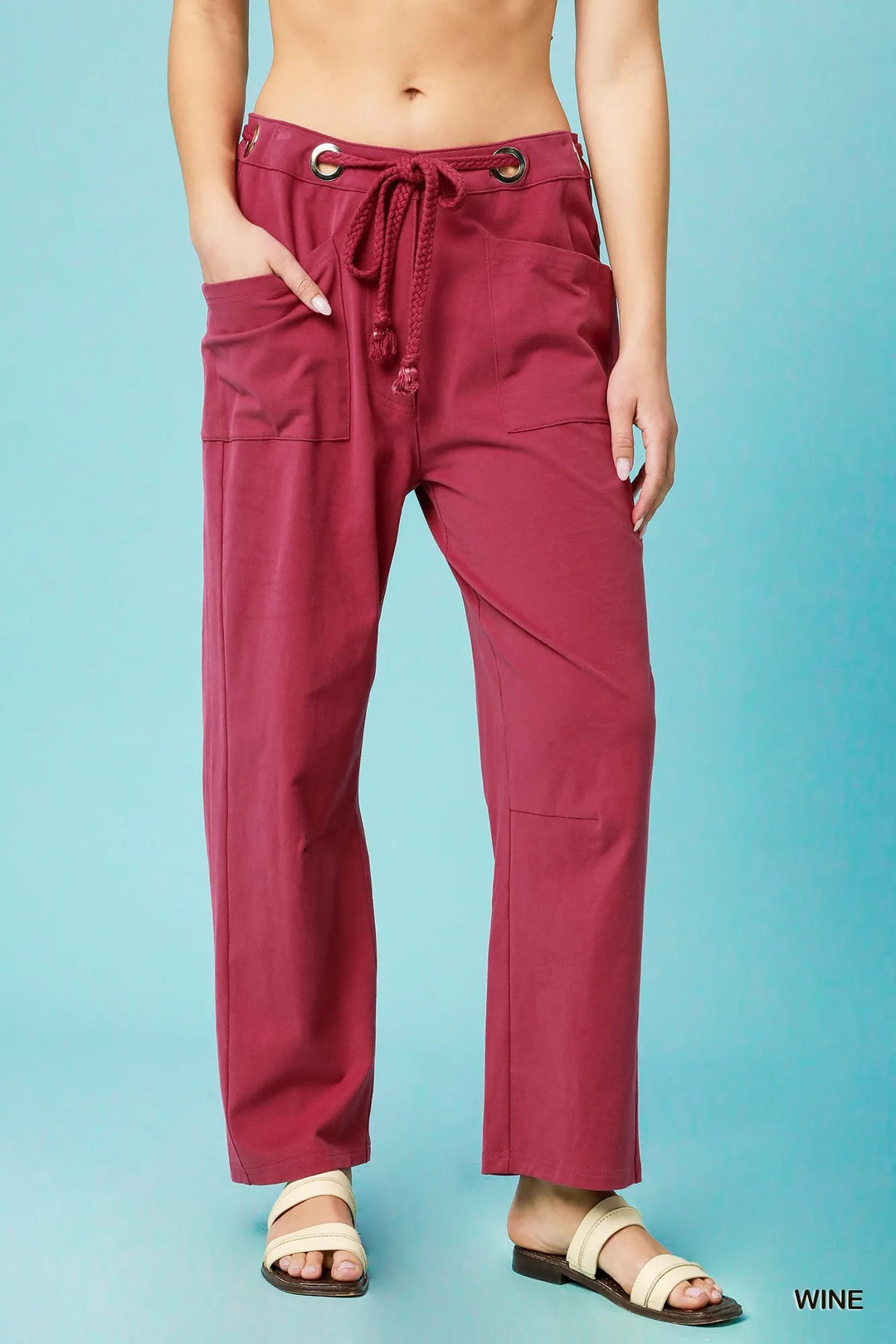 Wine Umgee Drawstring Wide Leg Casual Pants 1