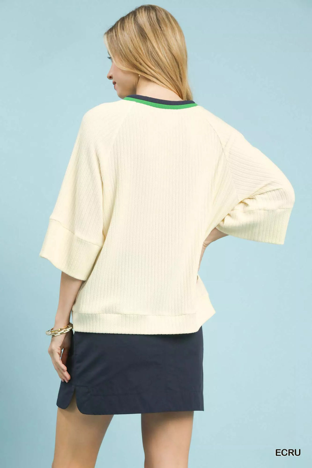 Ecru Umgee Ribbed Knit Top With Contrast Trim