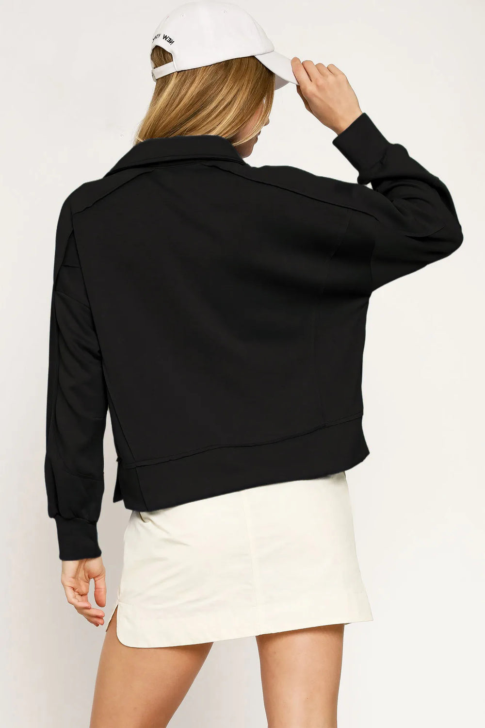 Black Umgee Collared Neck Long Sleeve Top With Raw Hem Detail