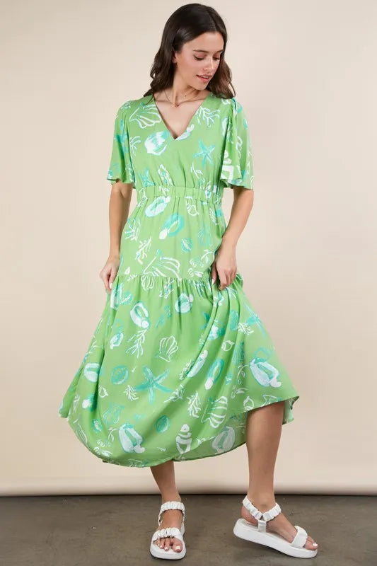 Sage Very J Printed V Neck Resort Midi Dress