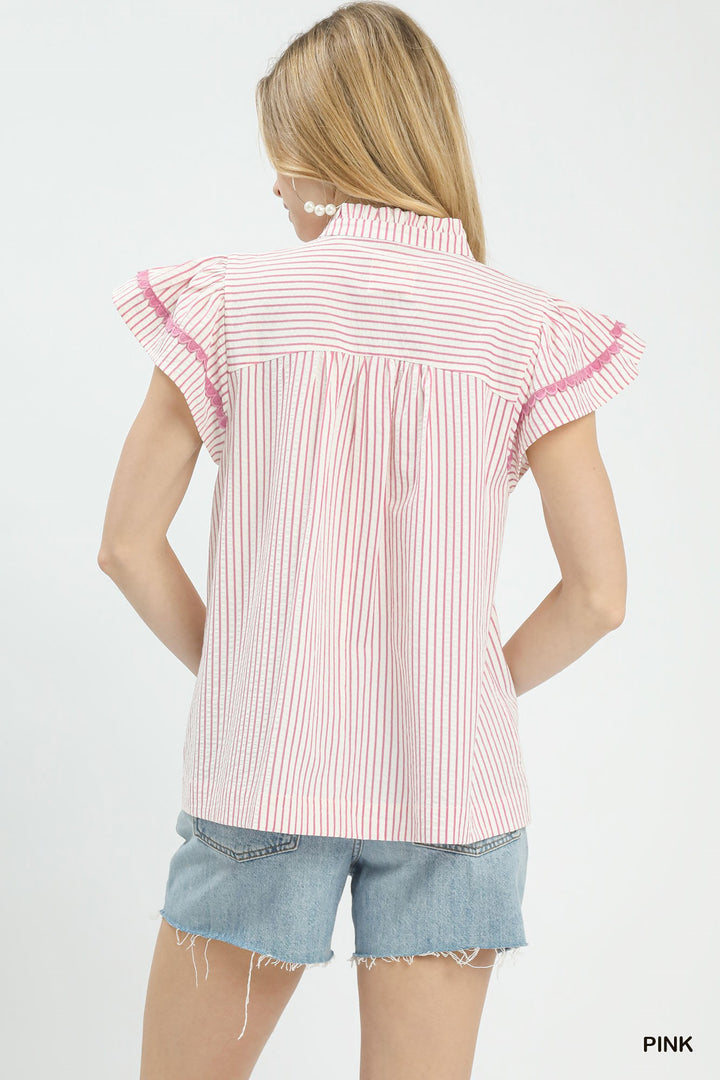Pink Umgee Striped Flutter Sleeve Top