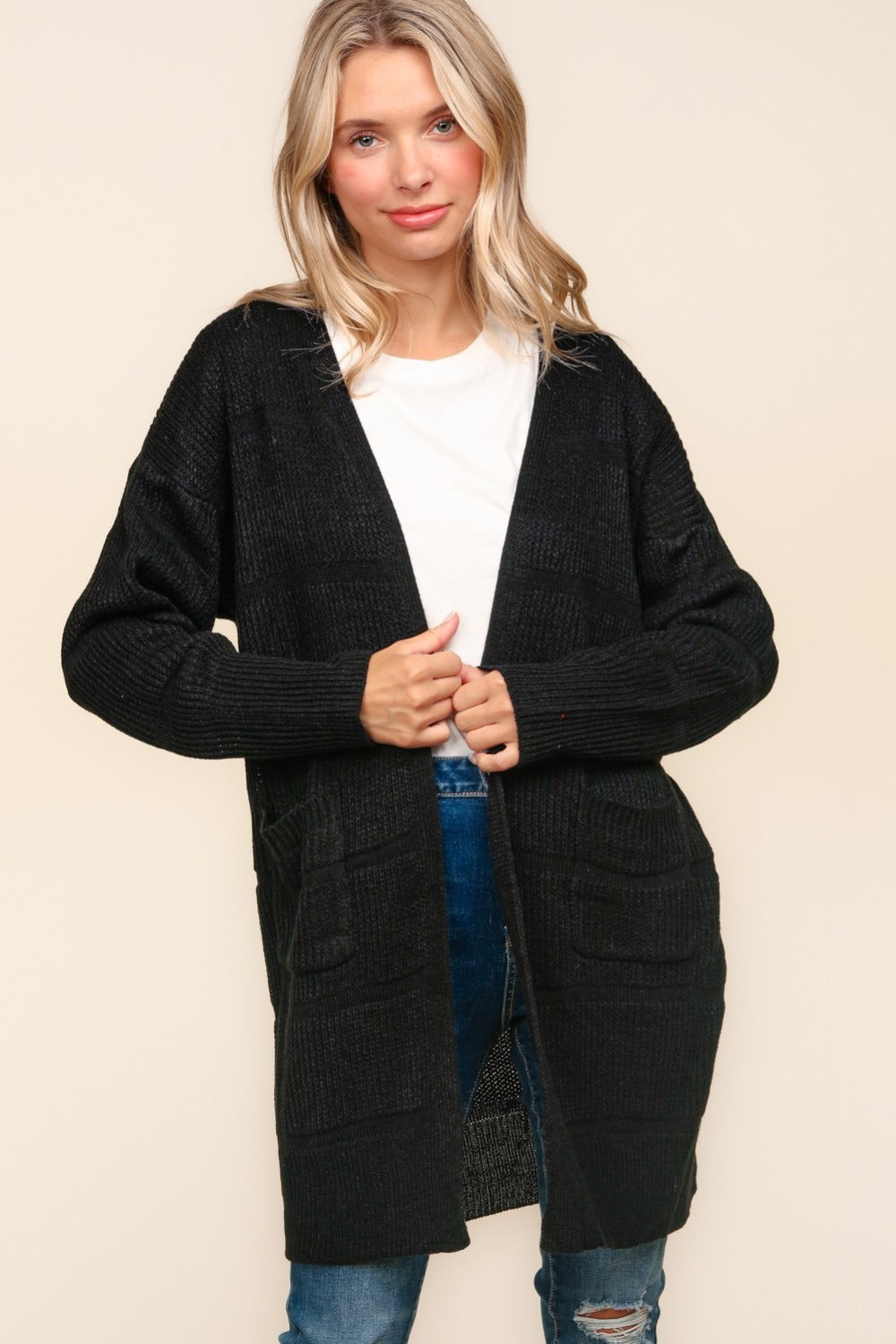 Black Haptics Stripe Textured Open Front Cardigan With Pockets