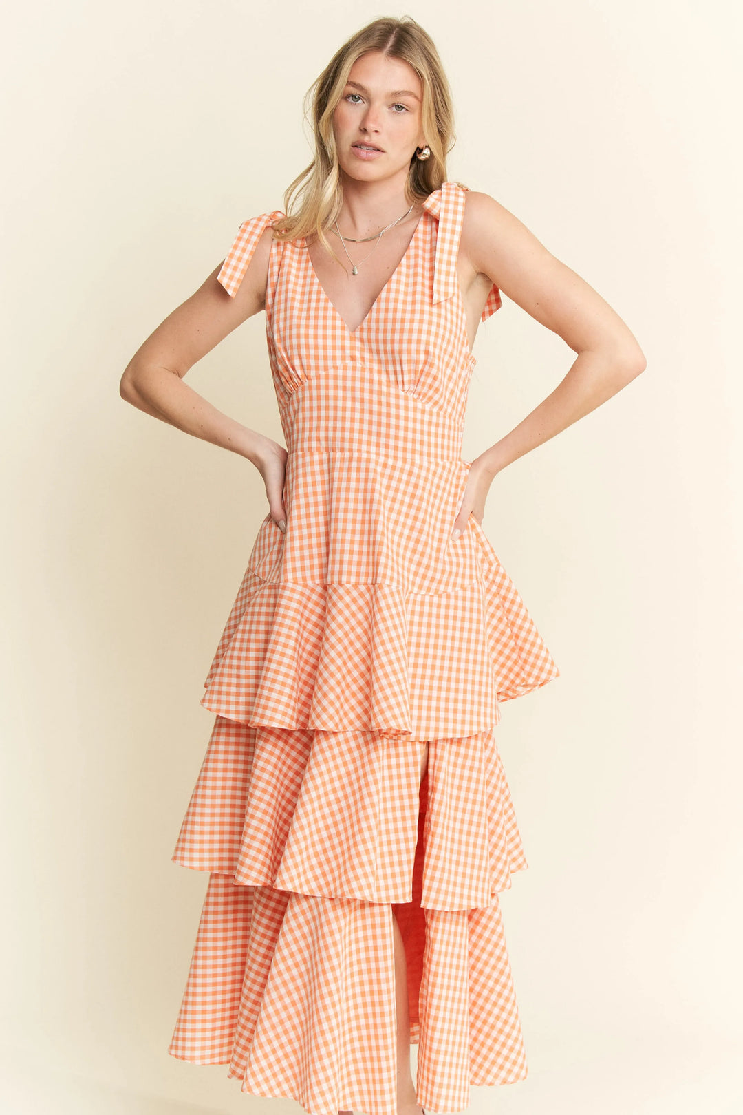 Orange Jade By Jane Sleeveless Gingham Print Tiered Midi Dress