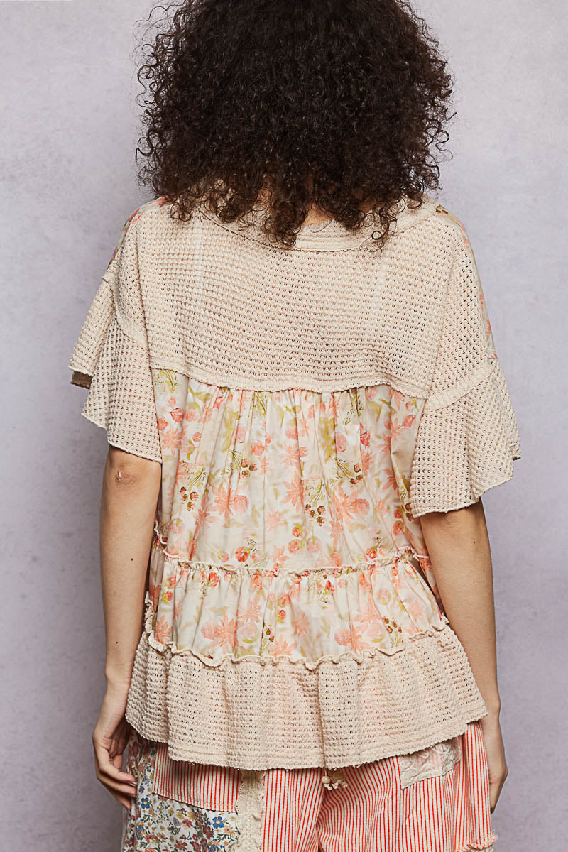 Pol Floral Print V Neck Woven Blouse With Gentle Gathers