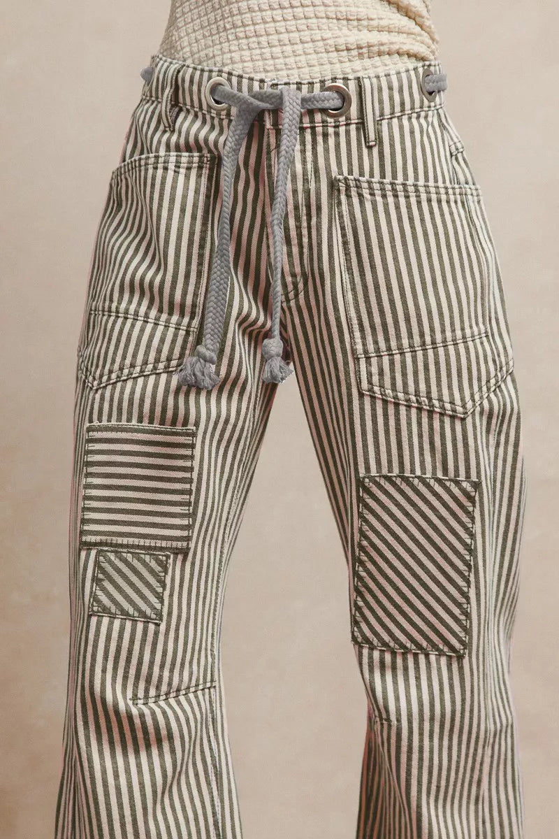 Grey Bibi Drawstring Striped Twill Barrel Pants 1