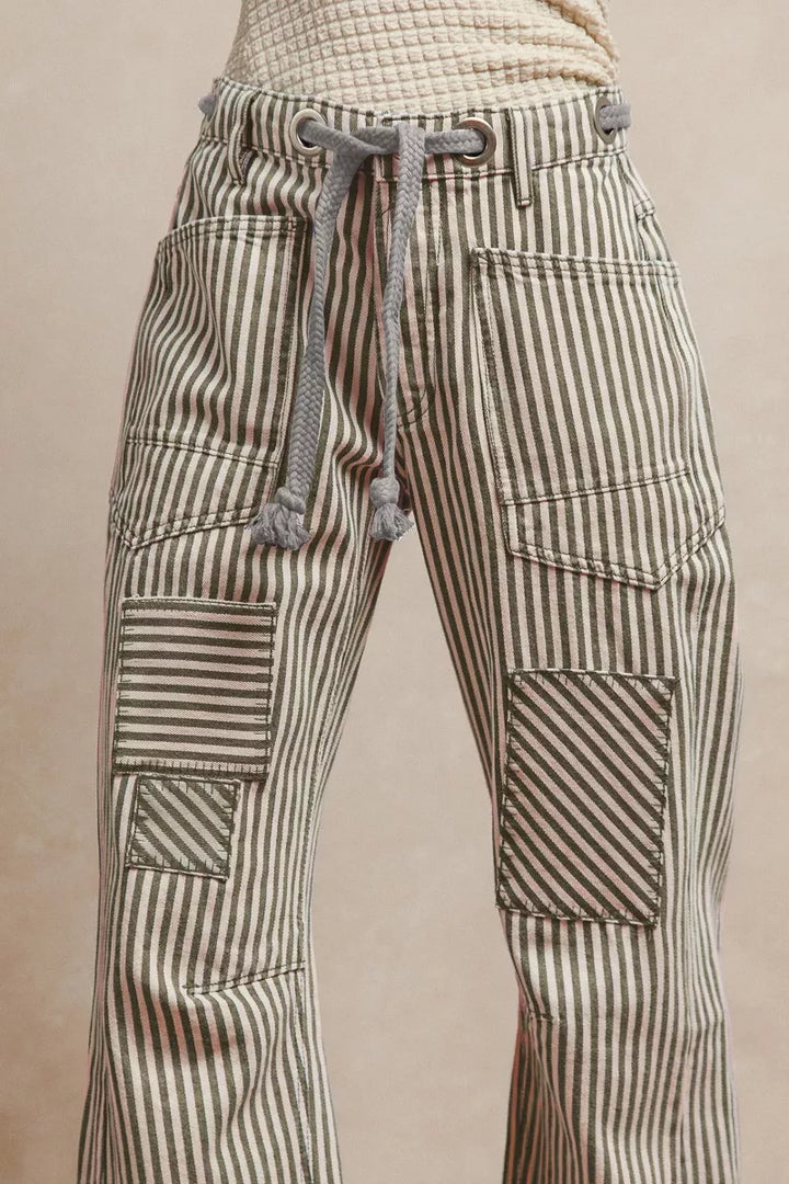 Grey Bibi Drawstring Striped Twill Barrel Pants 1