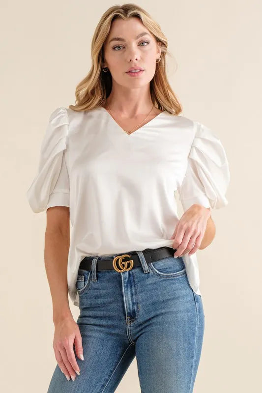 White And The Why Plain Satin Puff Shirring V Neck Blouse Top