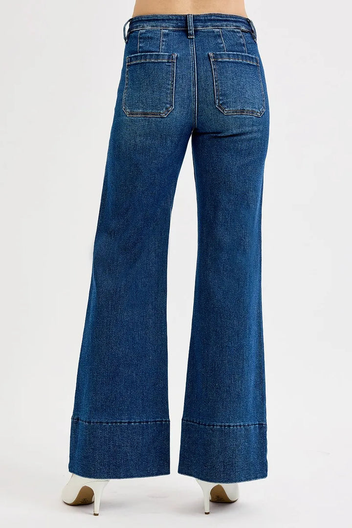 Dark Risen Full Size Tummy Control Mid Rise Ankle Wide Flare Jeans Plus Size
