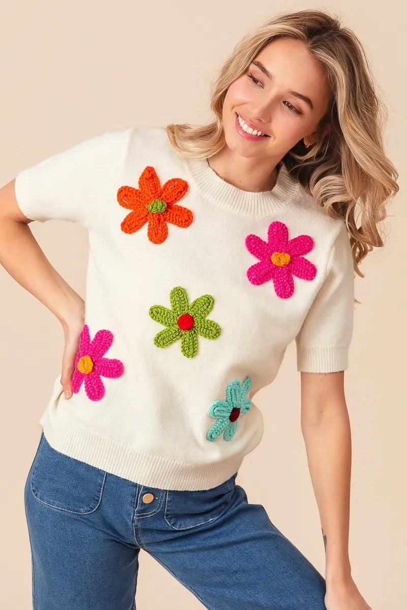 Ivory Bibi Crochet Flower Patch Sweater Top