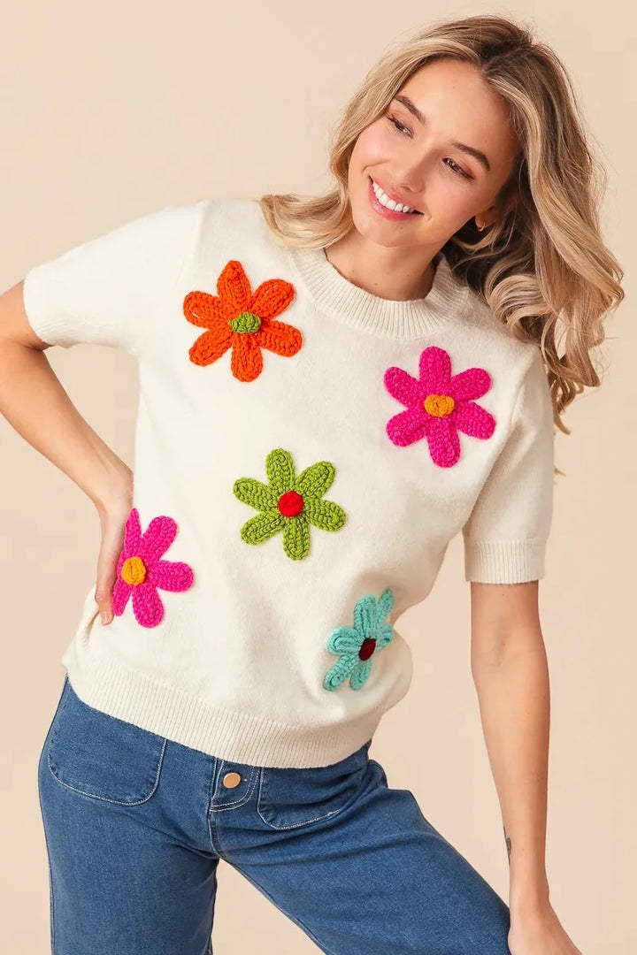 Ivory Bibi Crochet Flower Patch Sweater Top