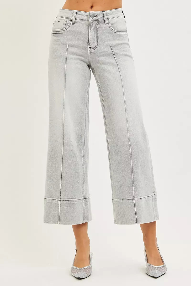 Light Grey Risen Tummy Control Mid Rise Crop Wide Pintuck Front Jeans