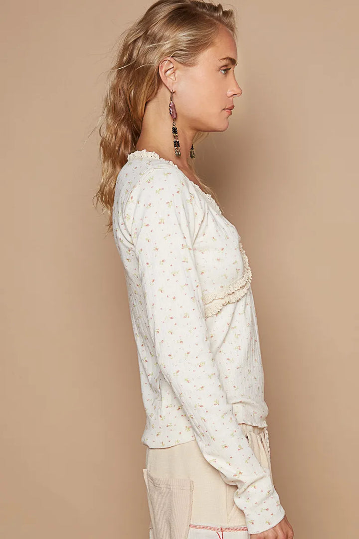 Pol Floral V Neck Long Sleeve T Shirt