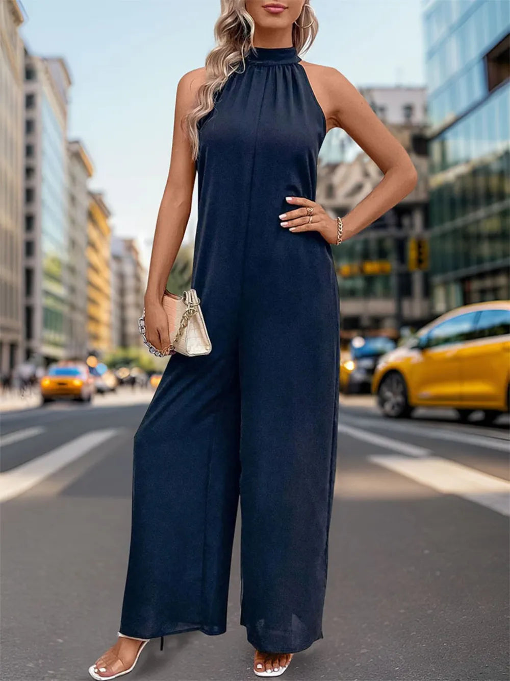 Dark Blue Perfee Tied Grecian Wide Leg Jumpsuit