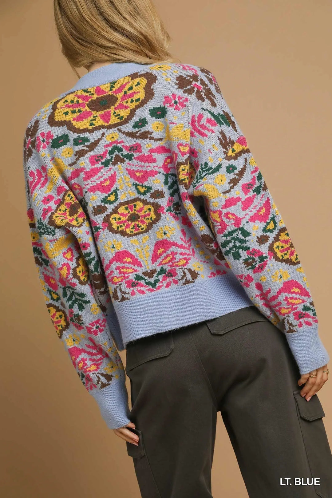 Lt. Blue Umgee Floral Knit Button Up Cardigan
