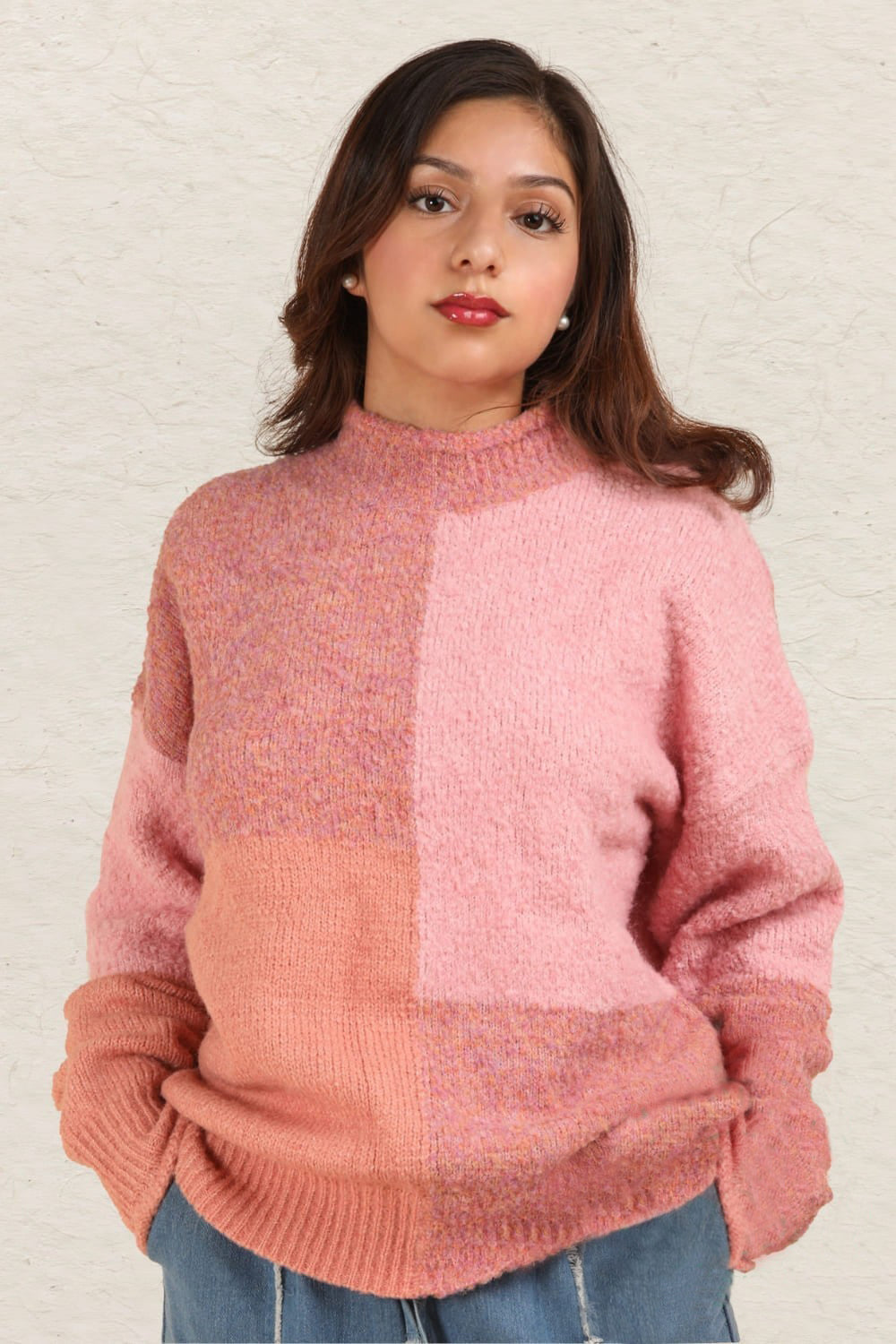 Pink Very J Color Block Mock Neck Drop Shoulder Sweater 2