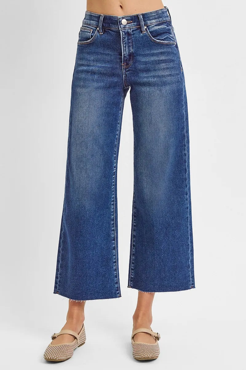 Dark Risen Raw Hem Wide Leg Cropped Jeans