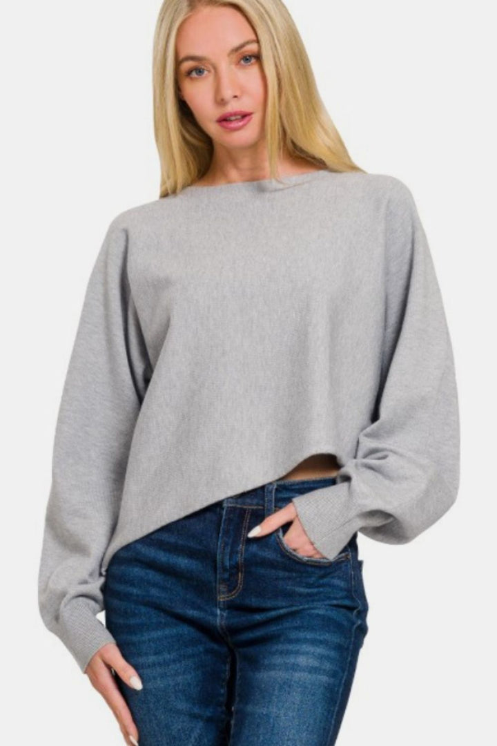 H Grey Zenana Asymmetric Hem Long Sleeve Sweater