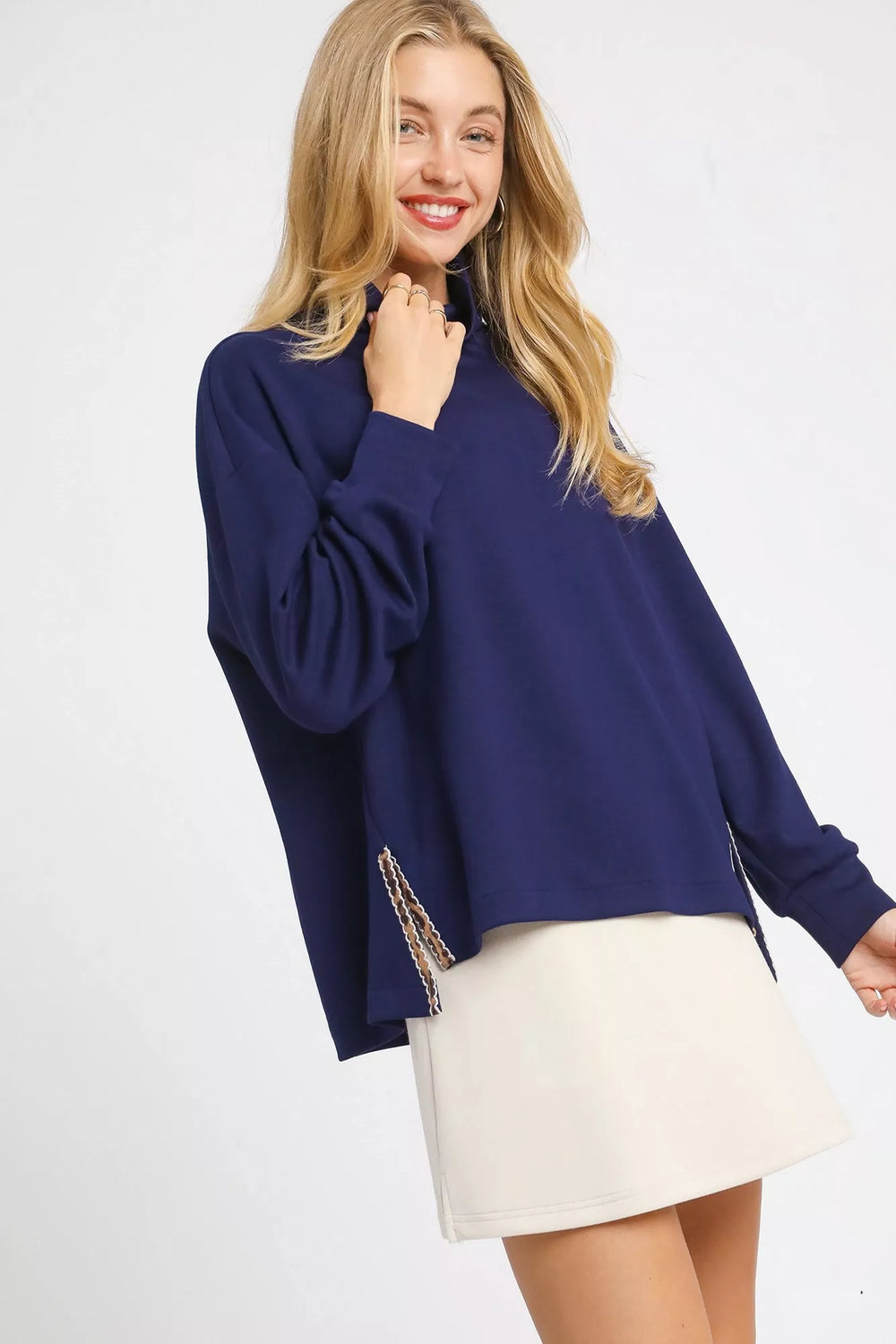 Navy Umgee Turtle Neck Dolman Sleeve Side Slit Sweater With Contrast Detail