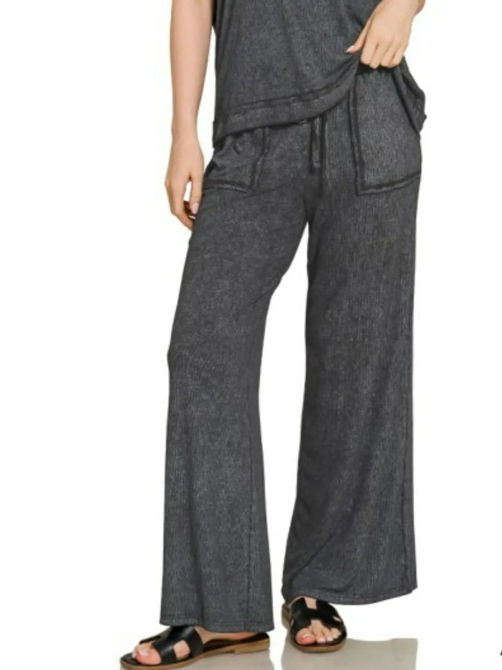 Ash Black Zenana Ribbed Acid Wash Rayon Top Pants Set