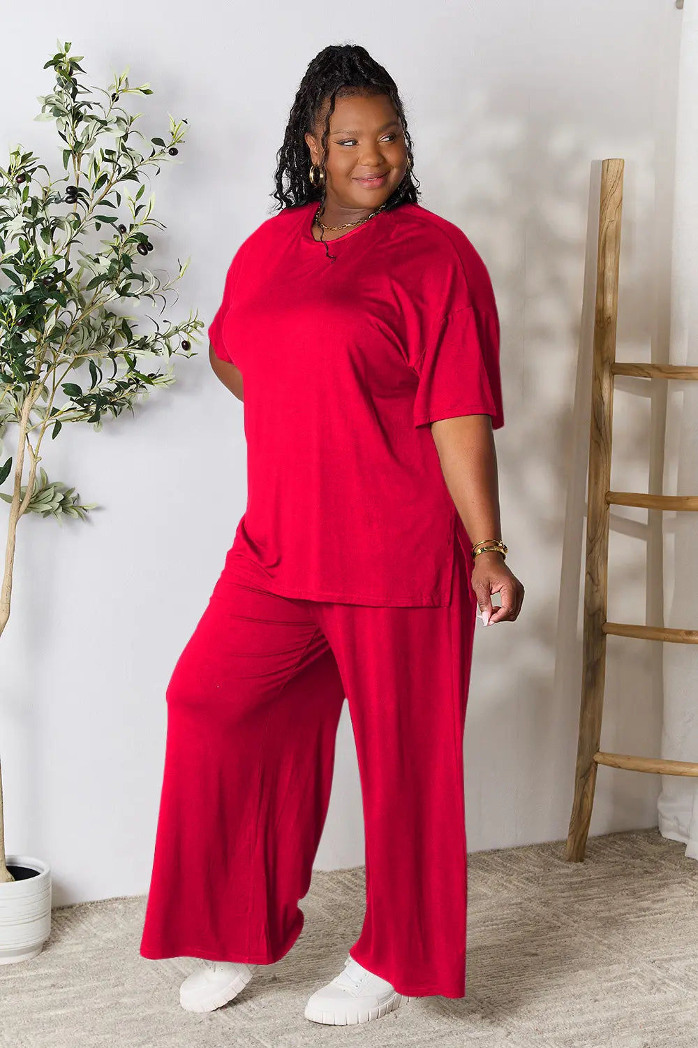 Red Double Take Full Size Round Neck Slit Top And Pants Set