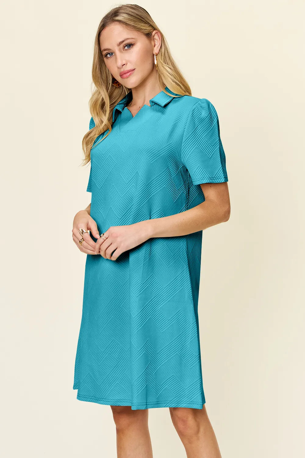 Tangerine Double Take Full Size Texture Collared Neck Short Sleeve Dress