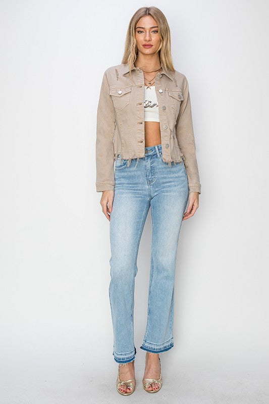 Khaki Risen Full Size Raw Hem Button Up Cropped Denim Jacket Plus Size
