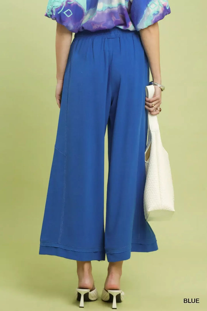 Blue Umgee Linen Elastic Waist Wide Leg Pants