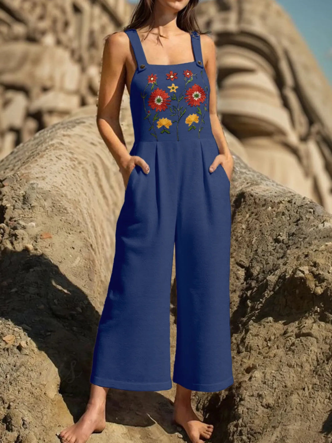 Black Floral Embroidered Wide Leg Jumpsuit