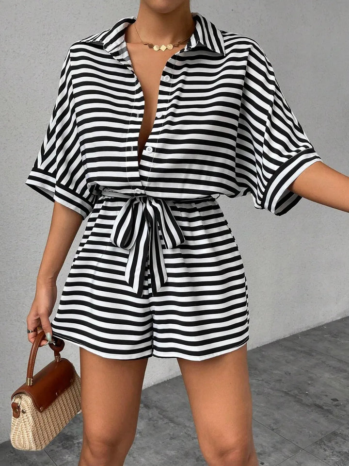 Black Tie Waist Half Button Striped Romper