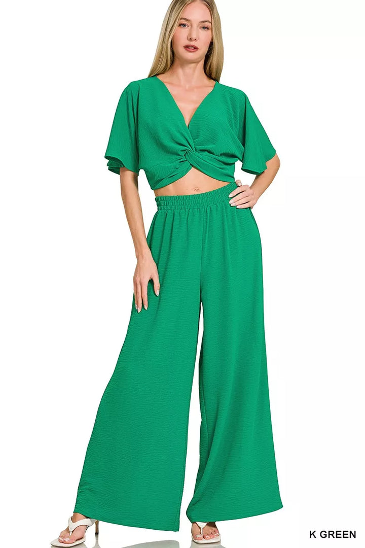 K Green Zenana Woven Airflow Twisted Top Wide Leg Pants Set