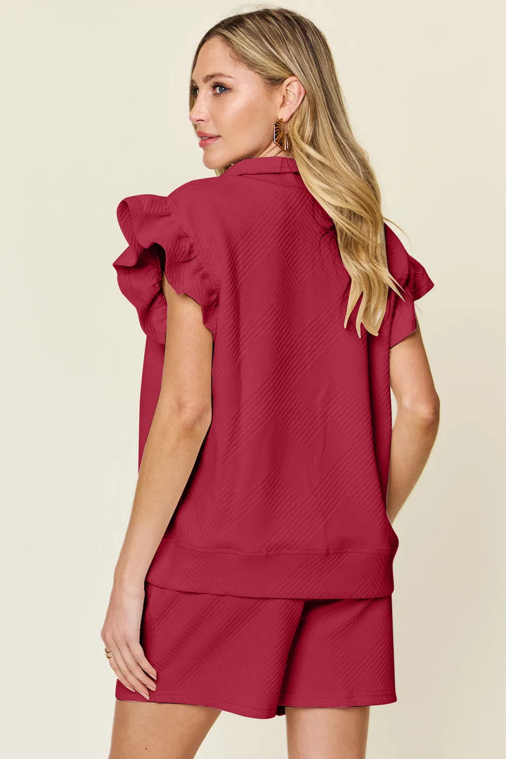 Black Double Take Full Size Texture Flounce Sleeve Top And Drawstring Shorts Set