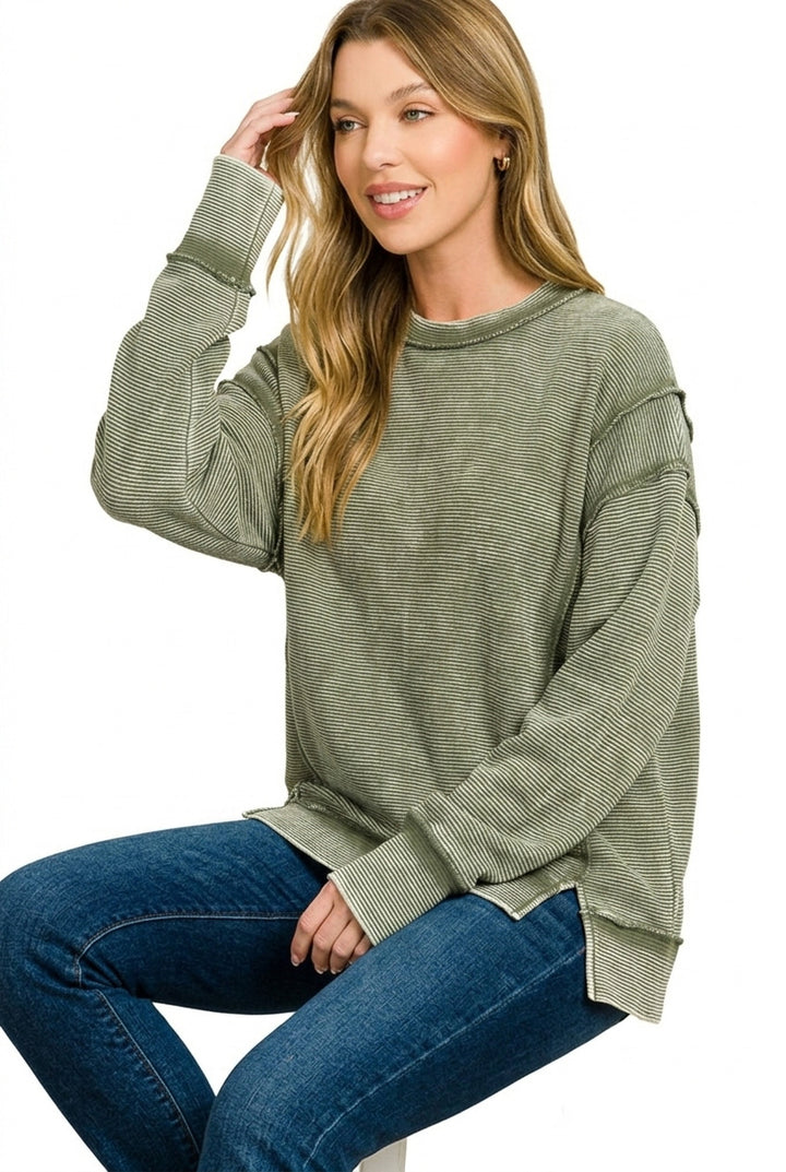 Dk Olive Zenana Acid Washed Double Ribbed Exposed Seam Sweatshirt 1