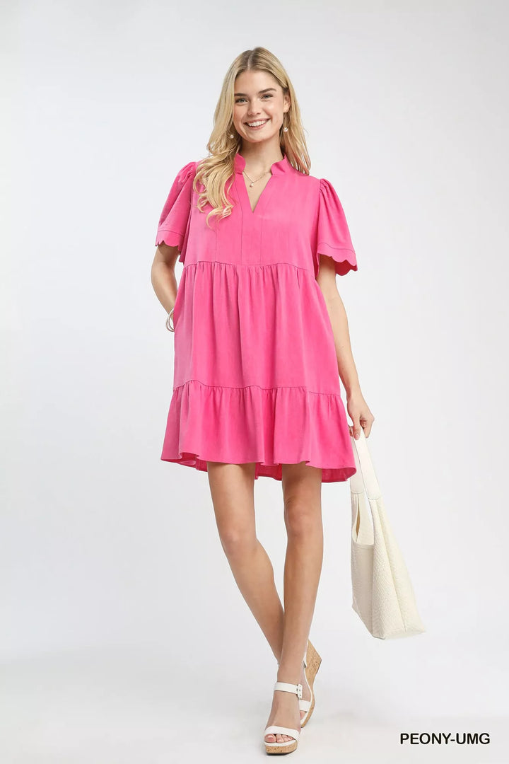 Umgee Linen Tiered Babydoll Dress With Scalloped Sleeves 1