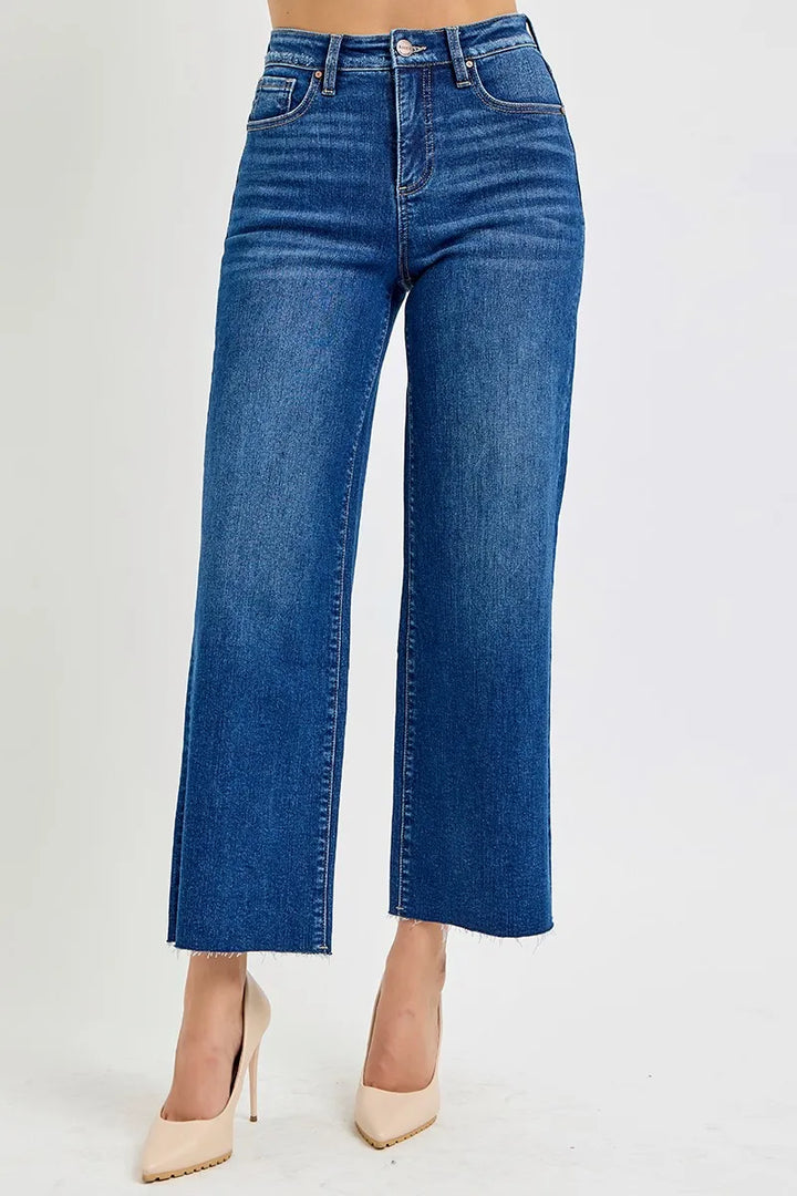 Dark Risen Full Size Tummy Control High Rise Wide Crop Jeans Plus Size