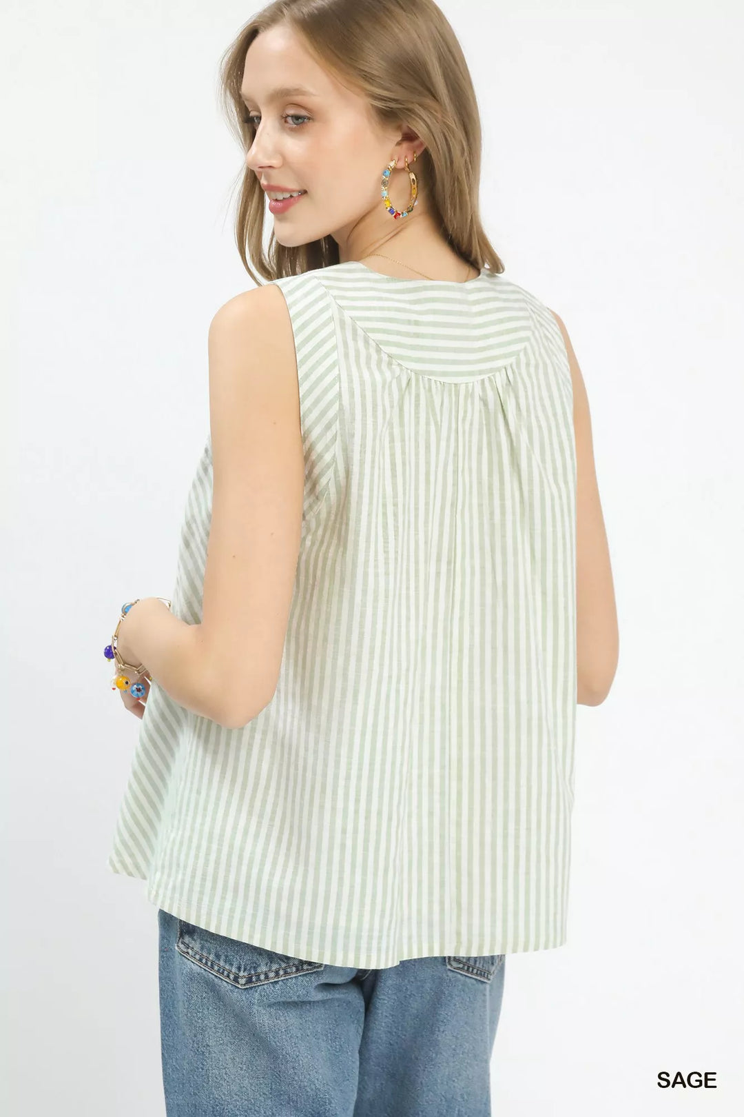 Sage Umgee Mixed Stripe Sleeveless V Neck Top