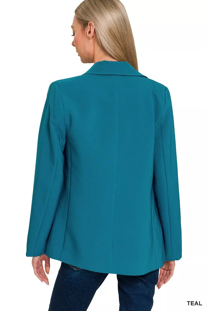 Teal Zenana Woven Long Sleeve Blazer With Lining 2
