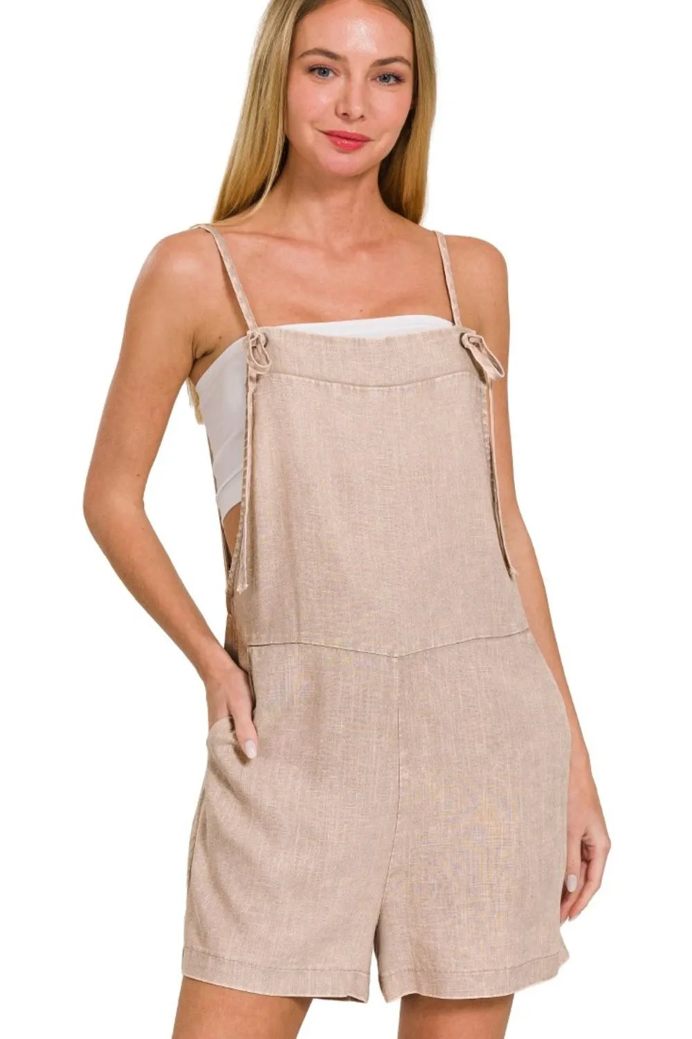 Ash Mocha Zenana Washed Linen Knot Strap Rompers 4